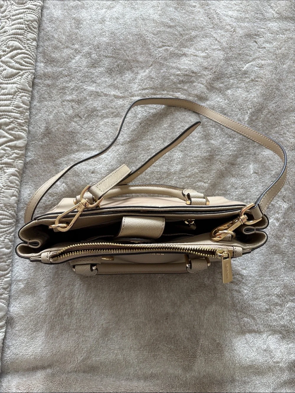 Michael Kors Taupe Saffiano Satchel with Gold Accent